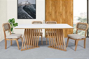 Conjunto mesa Roma tamp vd branco 180cmX100cm com 04 Cadeiras Roma Madeira Amêndoa clara tela sextavada preta com dourada tecido linho cru