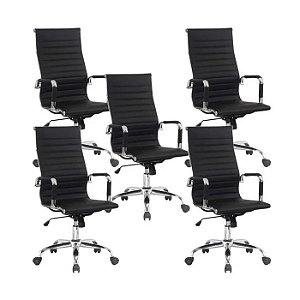 Kit 05 Cadeiras 3301 alta couríssimo preto base aço cromado