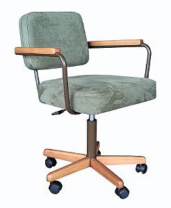 Cadeira Office Benício suede cinza base madeira freijó rodízios nylon