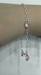 PULSEIRA EM PRATA COM CORAÇÕES EM CRISTAL ROSA