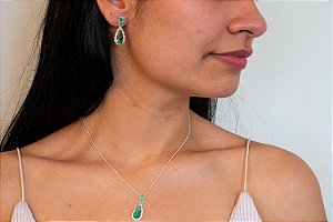 CONJUNTO COLAR E BRINCO GOTAS COM ZIRCÔNIAS VERDES