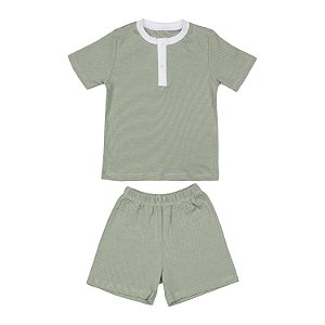 Pijama Curto Listrinha verde e branco em Algodão Pima Peruano