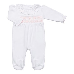 Macacão Longo Branco  Smock Rosa em Algodão Pima Peruano (Ponto Inglês)