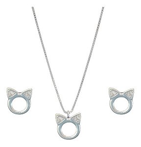 Colar Gargantilha E Brinco Gatinho Gatinha Vazado Prata925