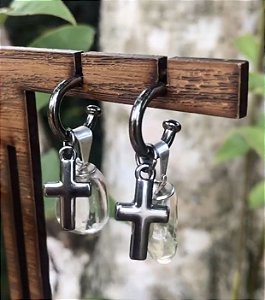 Argola cruz quartzo branco