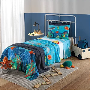 Jogo de Cama Infantil Döhler Sea Fun Azul 130 fios 3 peças