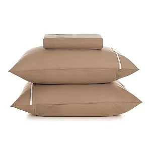 Lençol Casal com Elástico e Fronhas  Noah Caramelo/Branco