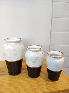 Conjunto Trio de Vasos Branco com Preto de Ceramica