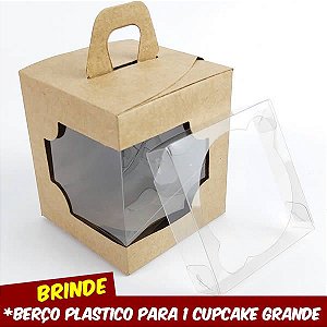 (24pç) DV-14 Lisa Kraft Caixa com Visor Embalagem Janelar (7.5 x 7.5 x 8.5 cm) + Berço2 Plástico para 1 Cupcake Grande