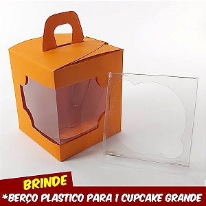(24pç) DV-14 Lisa Laranja Caixa com Visor Embalagem Janelar (7.5 x 7.5 x 8.5 cm) + Berço2 Plástico para 1 Cupcake Grande