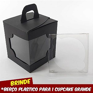 (24pç) DV-14 Lisa Preta Caixa com Visor Embalagem Janelar (7.5 x 7.5 x 8.5 cm) + Berço2 Plástico para 1 Cupcake Grande