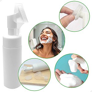 Frasco BRANCO 150ml (1un) para Limpeza Facial SkinCare com Válvula Espumadora Escova de Silicone Massageadora