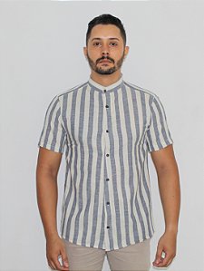 Camisa Gola Padre Listras Azul escuro em linho