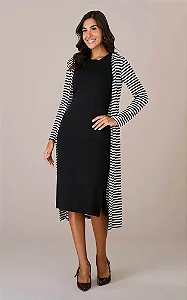 Cardigan Midi Malha Canelada Listrado Cristina - Tata Martello