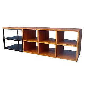 Rack Multiuso com Prateleiras de Ferro e Nichos de Madeira