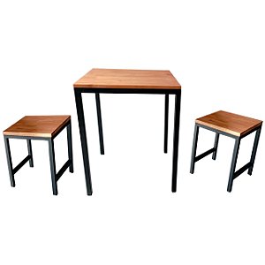 Conjunto de Jantar - Uma Mesa e Dois Bancos Quadrados Linha Industrial Pés Tradicionais - Preto e Castanheira