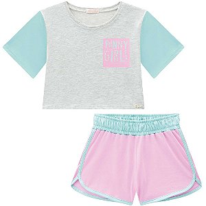 Conjunto Menina Verão Blusa Boxy Over em Meia Malha com Shorts em