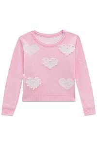 BLUSA TRICOT ROSA COM CORAÇÕES E PEROLAS - INFANTI