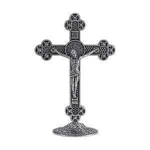 Cruz Metal Mesa  Altar Oratório Medalha de São Bento 13cm Prata Velha