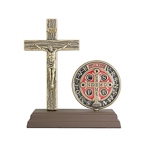 Oratório Crucifixo com Medalha de São Bento Ouro Velho 15cm