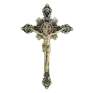 Cruz De Parede Com Medalha De Sao Bento Metal Resinado Dourado 24 Cm