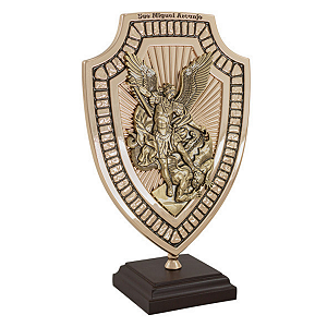 Adorno Mesa Escudo Metal São Miguel Arcanjo Dourado 21cm