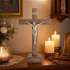 Cruz de Mesa Madeira Nobre Cristo Dourado  20cm Devocional
