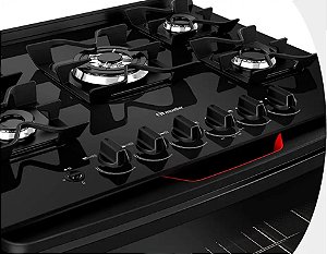 Fogão Mueller 5 bocas Preto com Mesa de Vidro e grades de ferro fundido MFV5BF