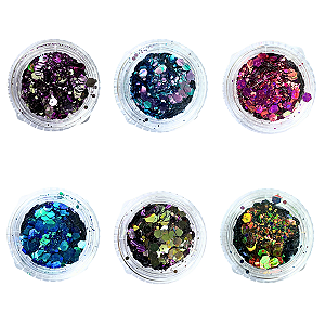 Kit 6 cores de Glitters Flocados para Decoração de unhas em Gel