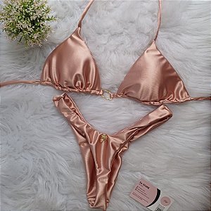 Conjunto Biquíni Luxo Cortininha Fio Rose Gold com argola ouro