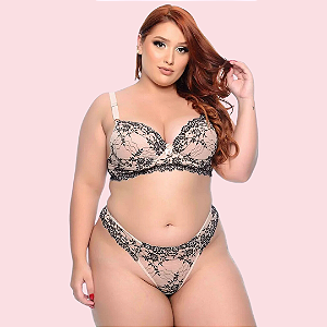 Conjunto Lingerie Tentadora Nude com Preto Pus Size