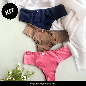 kit de 3 calcinhas em cotton de pala nas laterais (Marrom, Azul, Rosa)