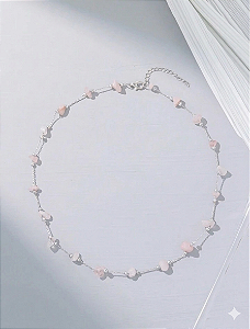 Choker Gargantilha - quartzo rosa - prateado - Pedra do Amor e Relacionamentos