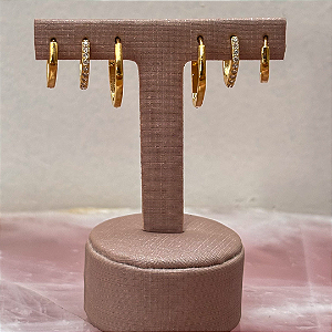 Trio de Argolas Quadradas Meio Cravejado