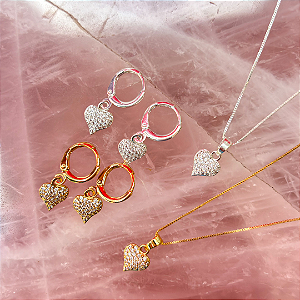 Conjunto Coração Cravejado Luxo Pingente
