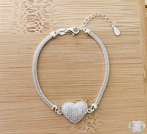 Pulseira Coração Cravejado Prata 925 - 19cm