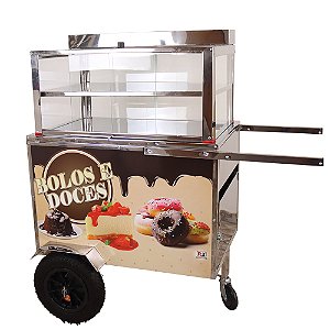 Carrinho para Bolo Doce Multiuso e Mostruário Inox Roda Pneumática