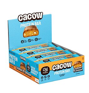 Barra de proteína vegana 13g CACOW Cookie n’ dream caixa com 12 unidades