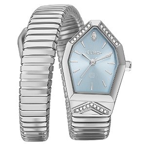 Relógio Feminino Euro Unique Premium Prata Bracelete Serpente Fundo Azul EU2035ZAL/5A