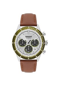 Relógio Orient Sport Masculino Cronógrafo Solar Fundo Prata Aro Verde MBSCC065 S1MX