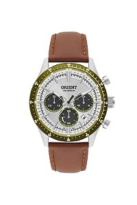 Relógio Orient Sport Masculino Cronógrafo Solar Fundo Prata Aro Verde MBSCC065 S1MX
