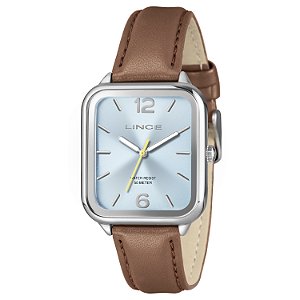 Relógio Lince Masculino Analógico Retangular Prata Mostrador Azul Claro Pulseira Marrom MQCH282L34 A2MX
