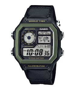 Relógio Casio Masculino Digital AE-1200WHB-1BVDF World Time 10 Anos Bateria Pulseira Tecido