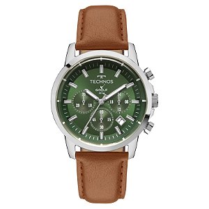 Relógio Technos Analógico Golf Aço Prata Mostrador Verde Pulseira Couro JS25BDE/0V