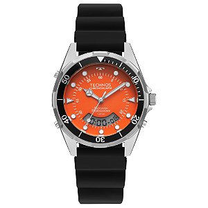 Relógio Technos Masculino Skydiver Analógico e Digital Aço Prata Fundo Laranja Borracha WT2060AE/2L