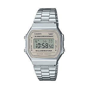 Relógio Casio Unissex Digital Vintage Illuminator Aço Prata Mostrador Claro A168WA-8AYDF-SC