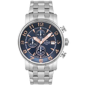 Relógio Technos Masculino Analógico Grandtech Cronógrafo Aço Prata Fundo Azul JS15EOG/1A