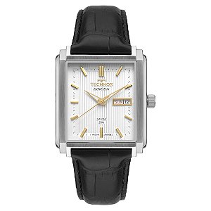 Relógio Technos Masculino Automático Dress Retangular Aço Safira Prata Couro Preto 8205PN/0K