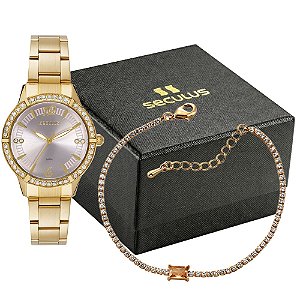 Kit Relógio Seculus Feminino Analógico Aço Dourado Mostrador Champagne Com Cristais 44340LPSKDS1K1