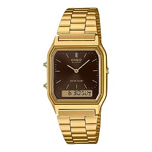 Relógio Casio Vintage Dourado Fundo Marrom Café AQ-230GA-5AMQY Unissex Original